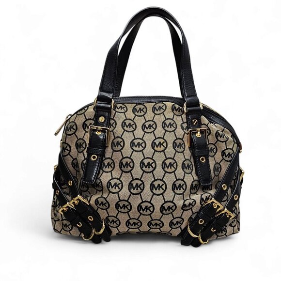 Michael Kors Milo Signature Leather Buckle Black & Beige Shoulder Bag COA - Picture 1 of 14